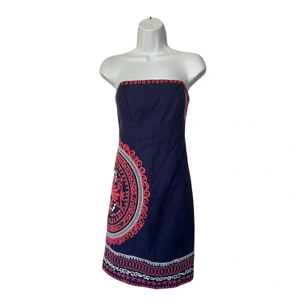 Lilly Pulitzer Bowen Dress Navy Strapless Embroidered Mandala Size 6 - Picture 2 of 10